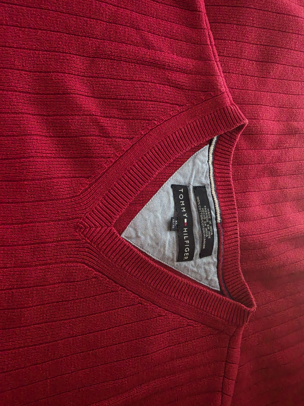 Tommy Hilfiger Men’s Ruby Red Ribbed V-Neck Sweater